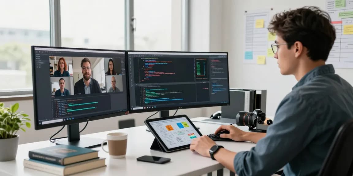 Dynamic tech workspace displaying productivity on WPS Official Website, innovative coding setup with team collaboration.