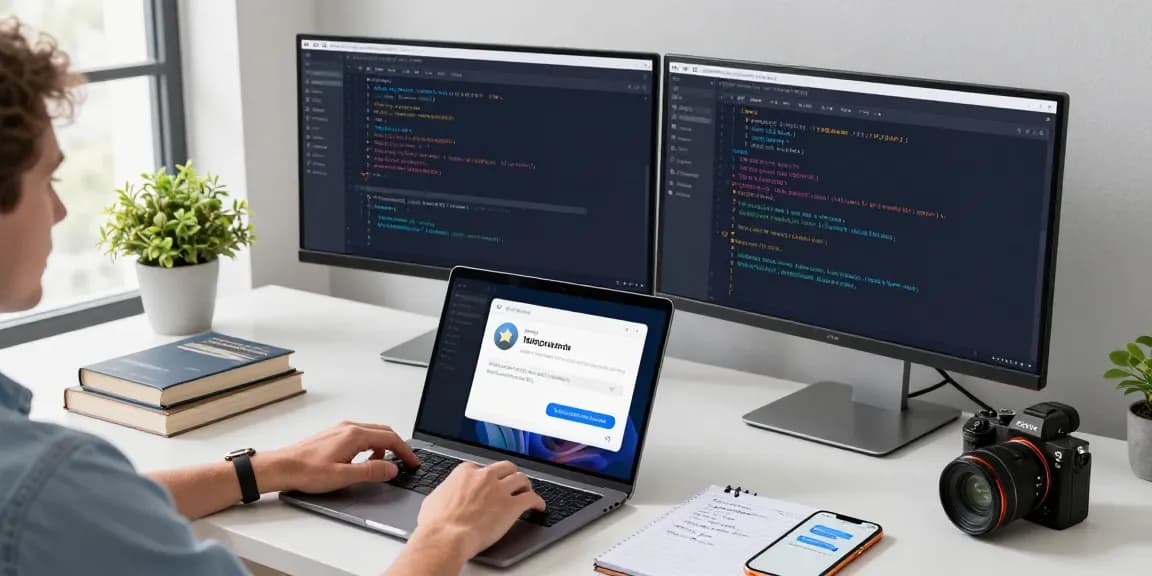 Configuring Telegram Chinese settings in a modern tech workspace with dual monitors displaying the app interface.