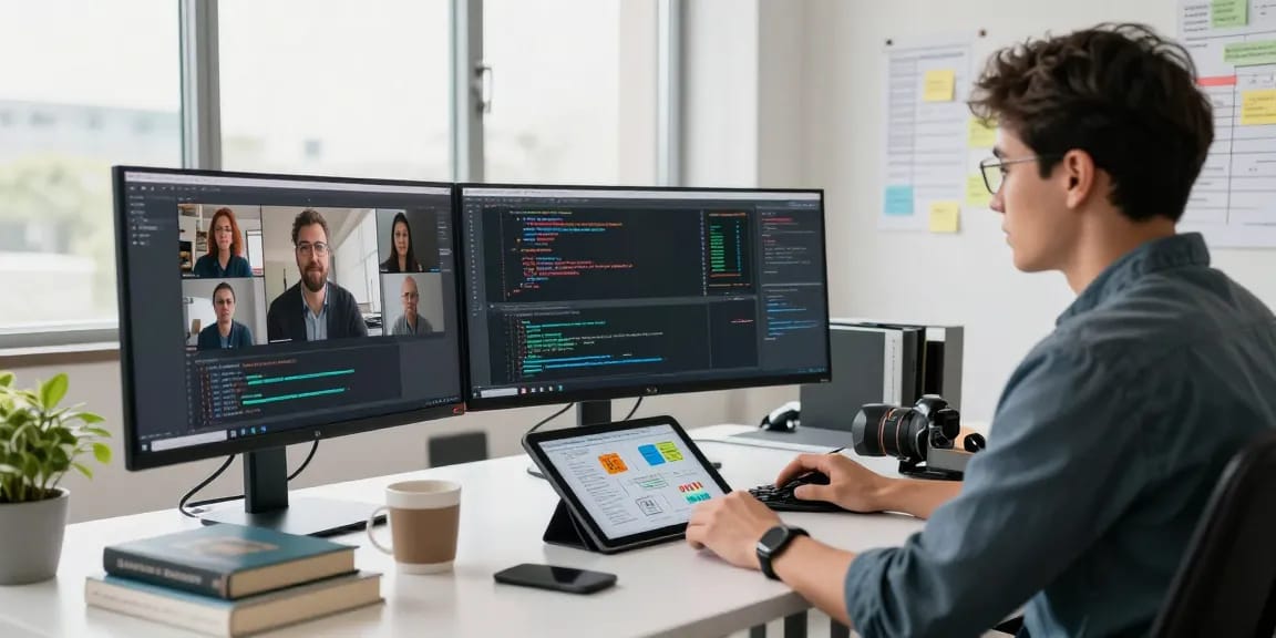 Dynamic tech workspace displaying productivity on WPS Official Website, innovative coding setup with team collaboration.