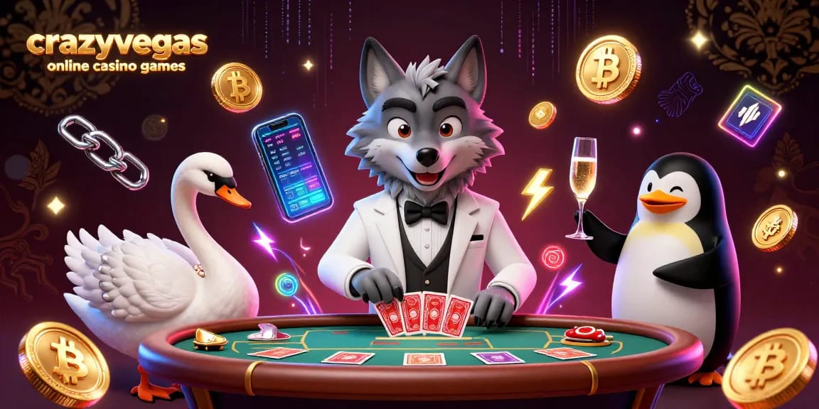 Engage with crazyvegas online casino games through an electrifying scene featuring a wolf, swan, and penguin in a vibrant casino atmosphere.