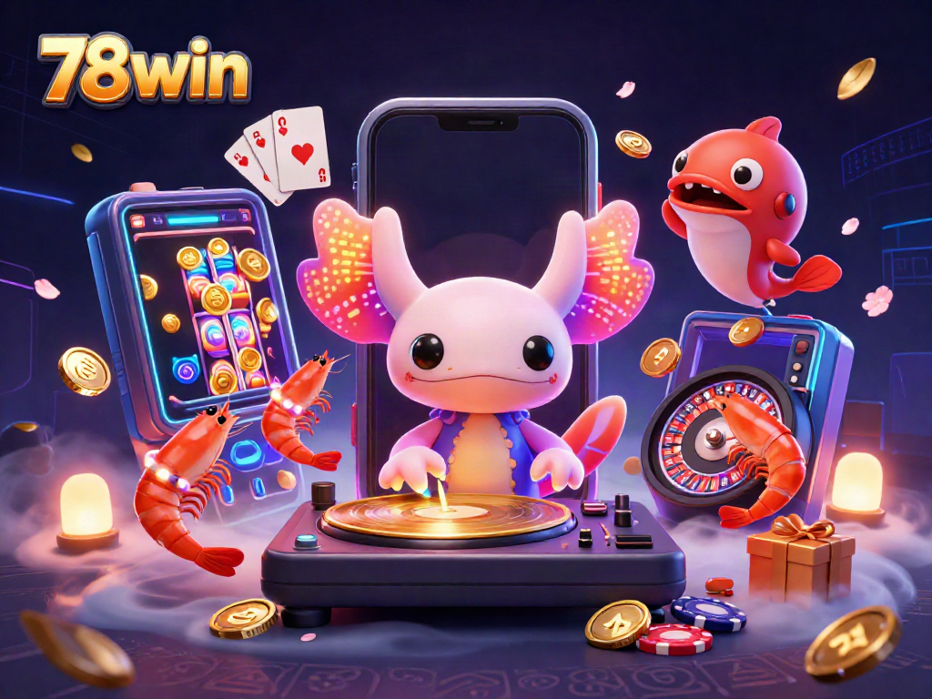 Experience thrilling casino dynamics with 78win in a vibrant underwater scene featuring an axolotl DJ.