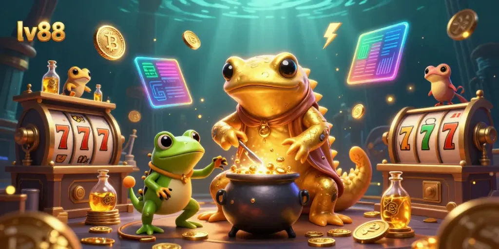 Experience excitement at lv88 with our dynamic illustration featuring a golden salamander transmuting coins surrounded by casino elements.