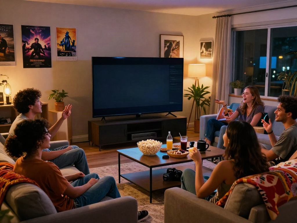 Friends enjoying movies together using the MovieBox app in a cozy living room