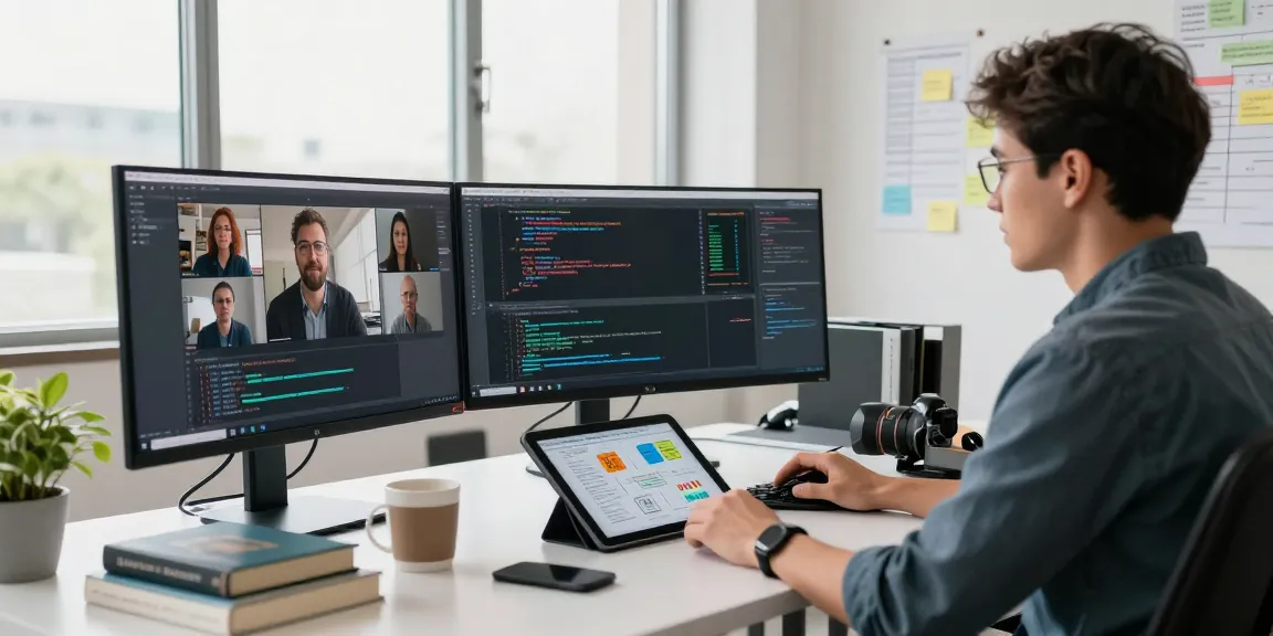Dynamic tech workspace displaying productivity on WPS Official Website, innovative coding setup with team collaboration.