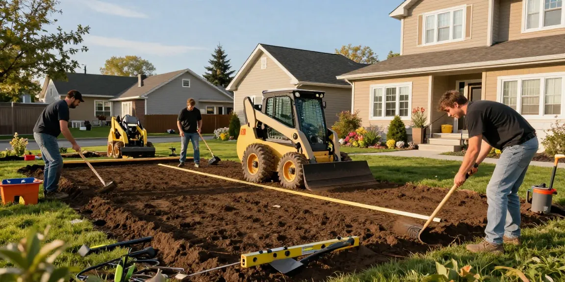Professional team performing levelling services in Ottawa yard, ensuring precision and quality.