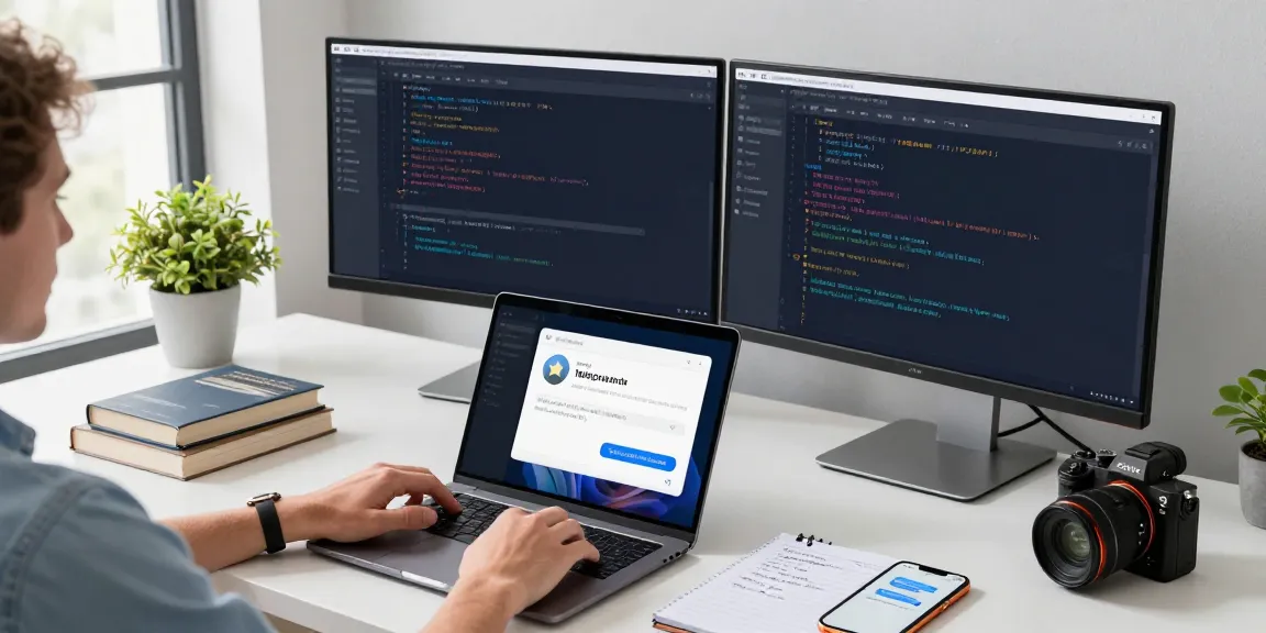 Configuring Telegram Chinese settings in a modern tech workspace with dual monitors displaying the app interface.