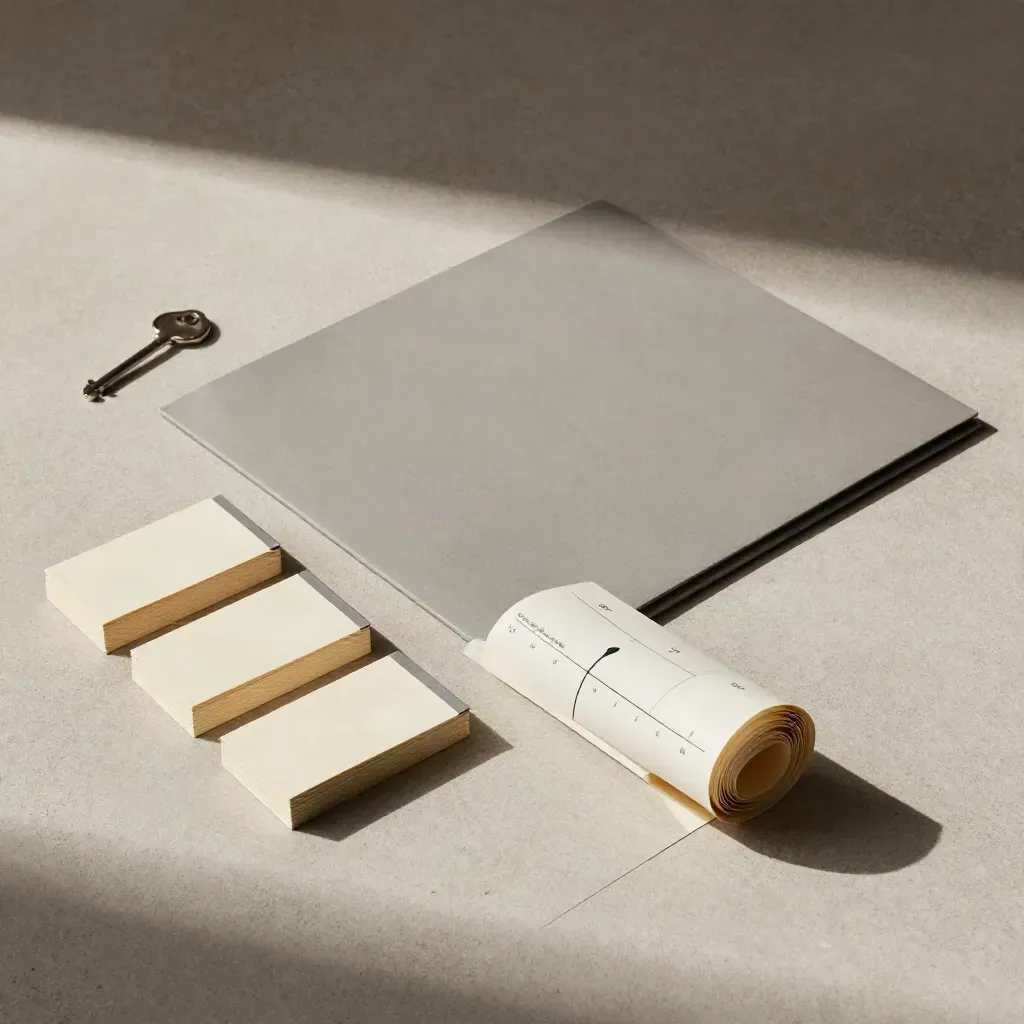 Overhead flatlay of a Go-To-Market Sprint folder, card stacks, and unrolling timeline sheet on pale concrete.