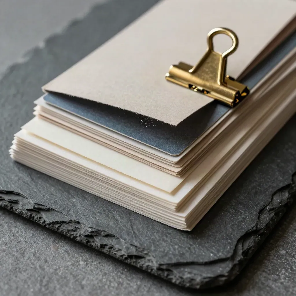 Macro of paper cards, brass clip, and slate tray with dust in light.