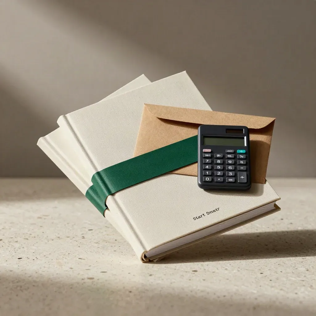Start Smart Bundle books, envelope, and calculator sliding across pale stone in soft daylight.