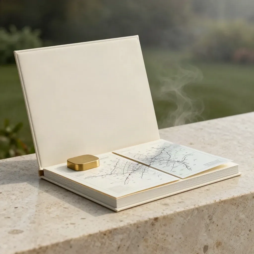 Ivory launch planning kit with folders and brass paperweight on pale stone