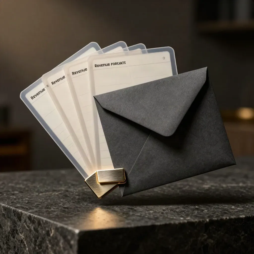 Translucent forecast cards, metal frame, and matte envelope on brushed stone in dramatic light.