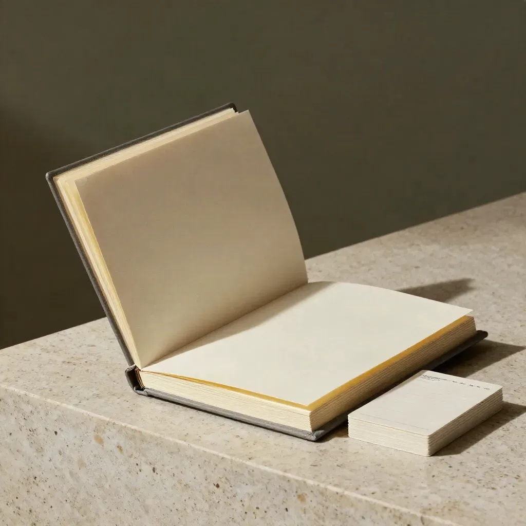 Open tabbed pricing audit binder on travertine plinth with soft studio light.