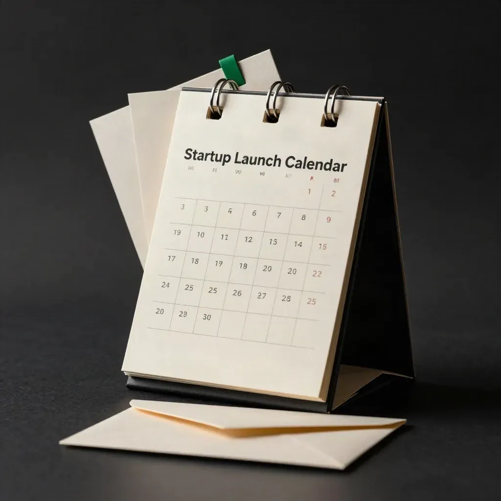 Startup launch calendar block with planning cards and an envelope on a matte-black plinth