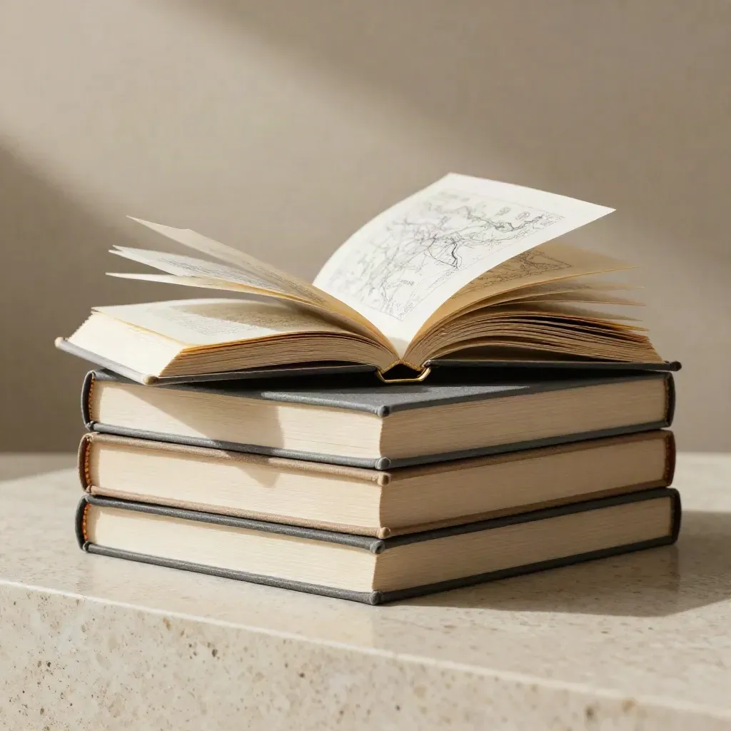 Stacked strategy books, folded roadmap and brass clip on ivory stone in warm studio haze.