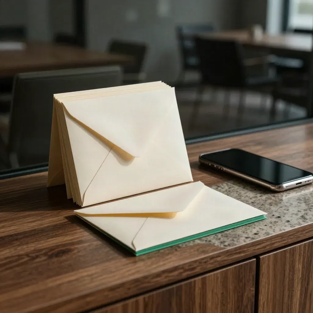 Follow-up cards, a slipping envelope and black-screen phone on a travertine ledge in side light.