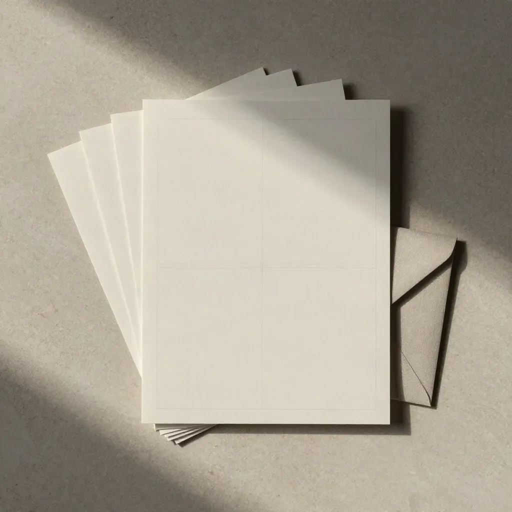 Overhead flatlay of layout boards, clipped paper grid and envelope on pale travertine