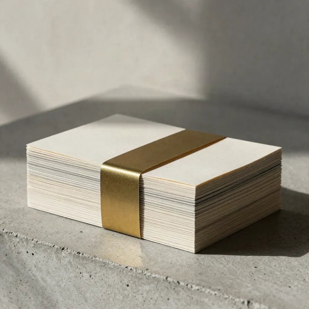 Macro side profile of blank ad cards with a paper band sliding free on concrete.