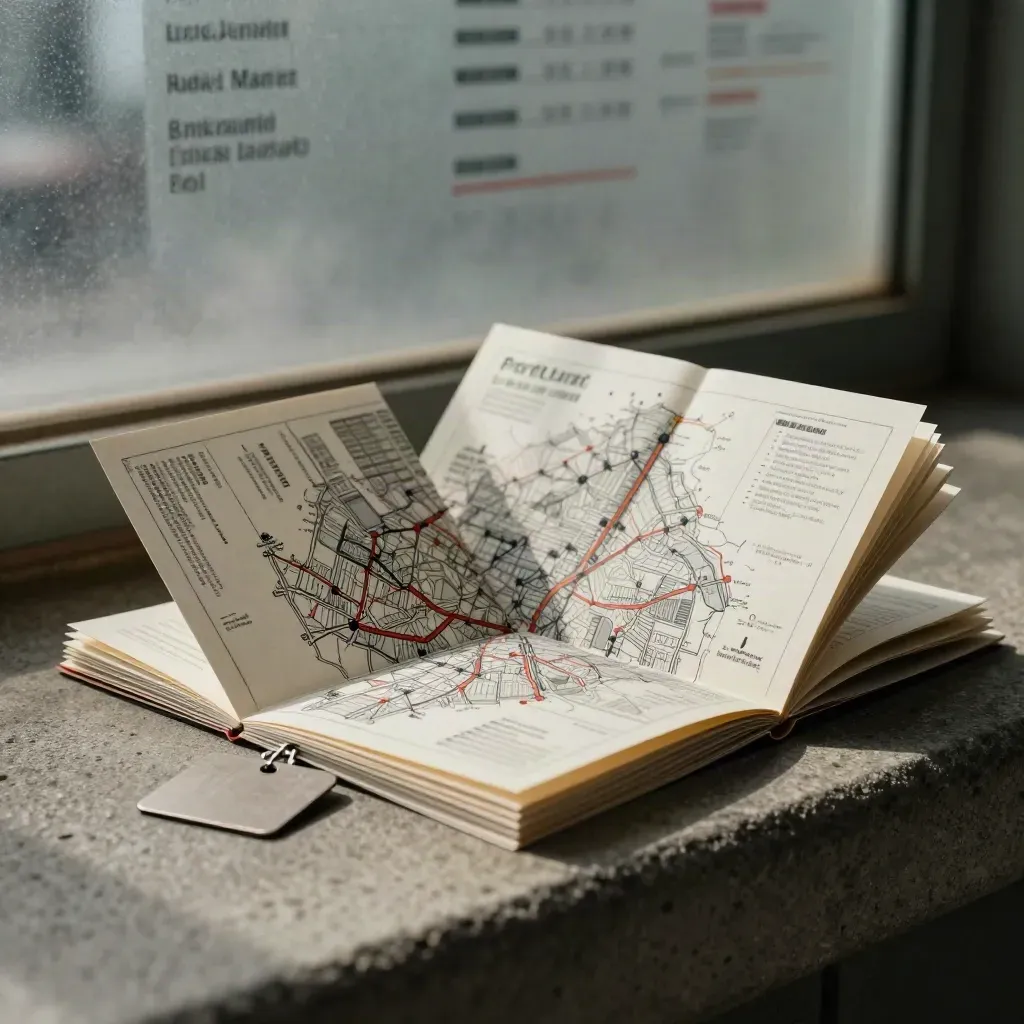 Folded city-scan booklet, route cards and a blank transit token on a concrete station ledge.