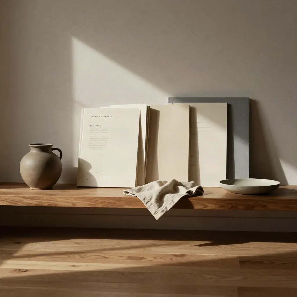Sunlit oak corner with folios, linen drape, and open floor for copy