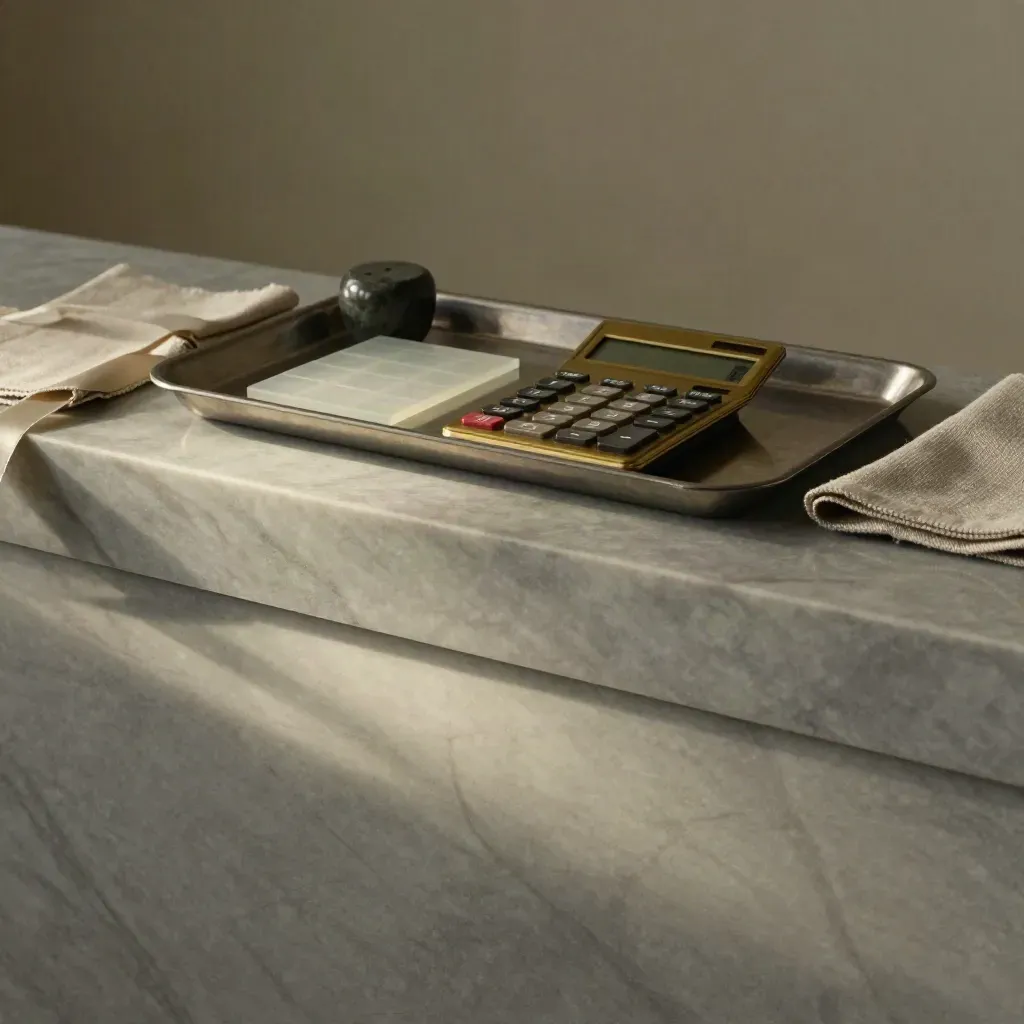 Marble plinth with calculator, tray and pricing tiles in soft light, calm copy space below.