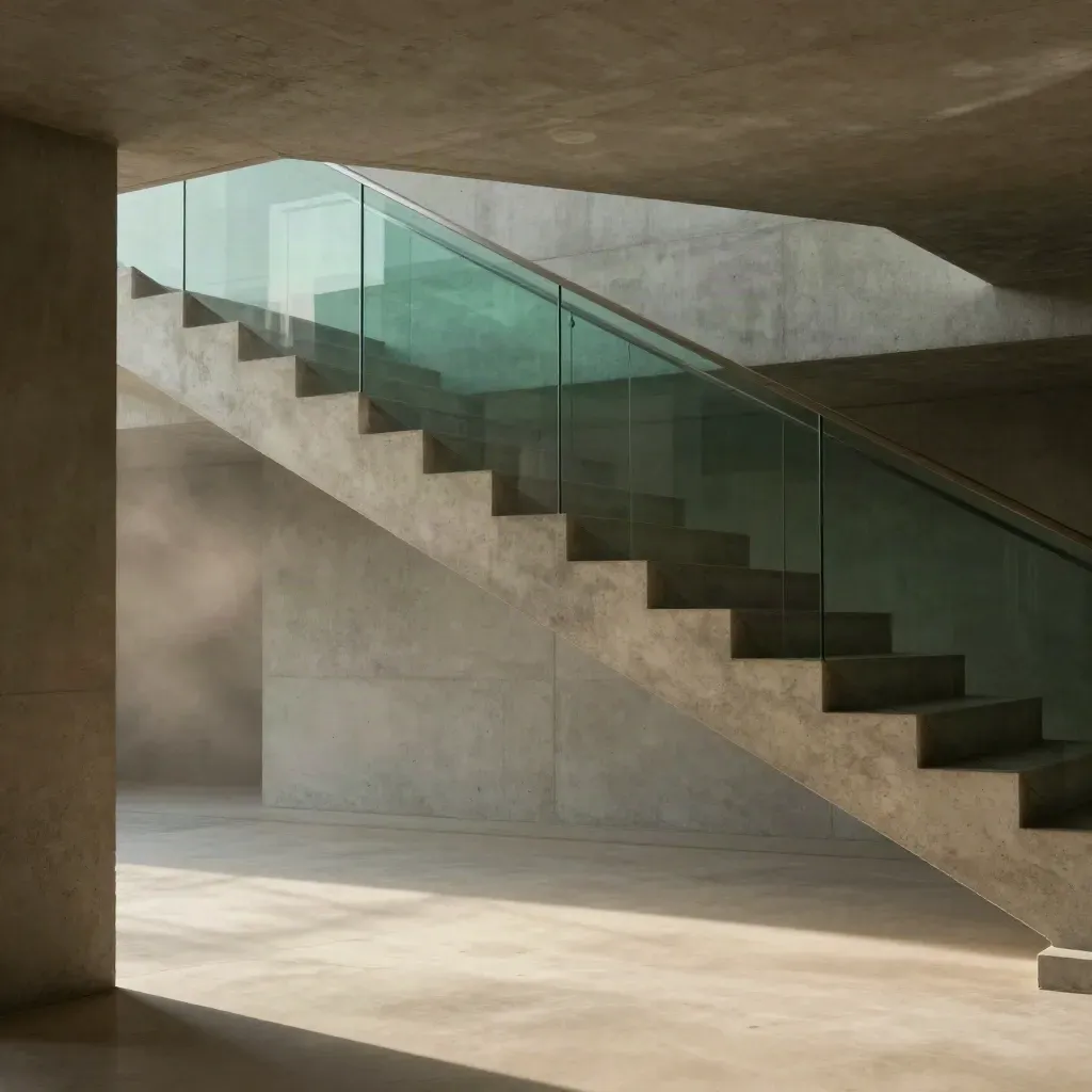 Sunlit concrete stairwell with glass landing and quiet lower space for copy.