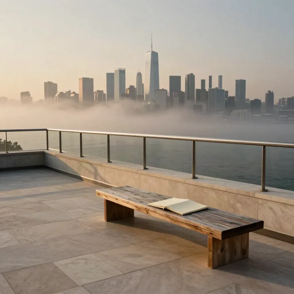 Rooftop skyline at golden hour with mist and calm copy space below