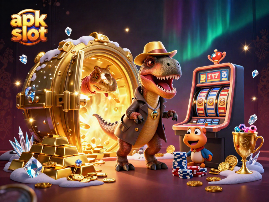 Spin the apk slot at a vibrant casino scene with animated dinosaurs and sparkling treasures.