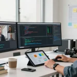 Dynamic tech workspace displaying productivity on WPS Official Website, innovative coding setup with team collaboration.