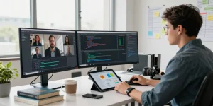 Dynamic tech workspace displaying productivity on WPS Official Website, innovative coding setup with team collaboration.