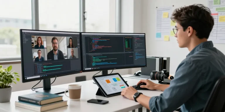 Dynamic tech workspace displaying productivity on WPS Official Website, innovative coding setup with team collaboration.