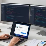 Configuring Telegram Chinese settings in a modern tech workspace with dual monitors displaying the app interface.